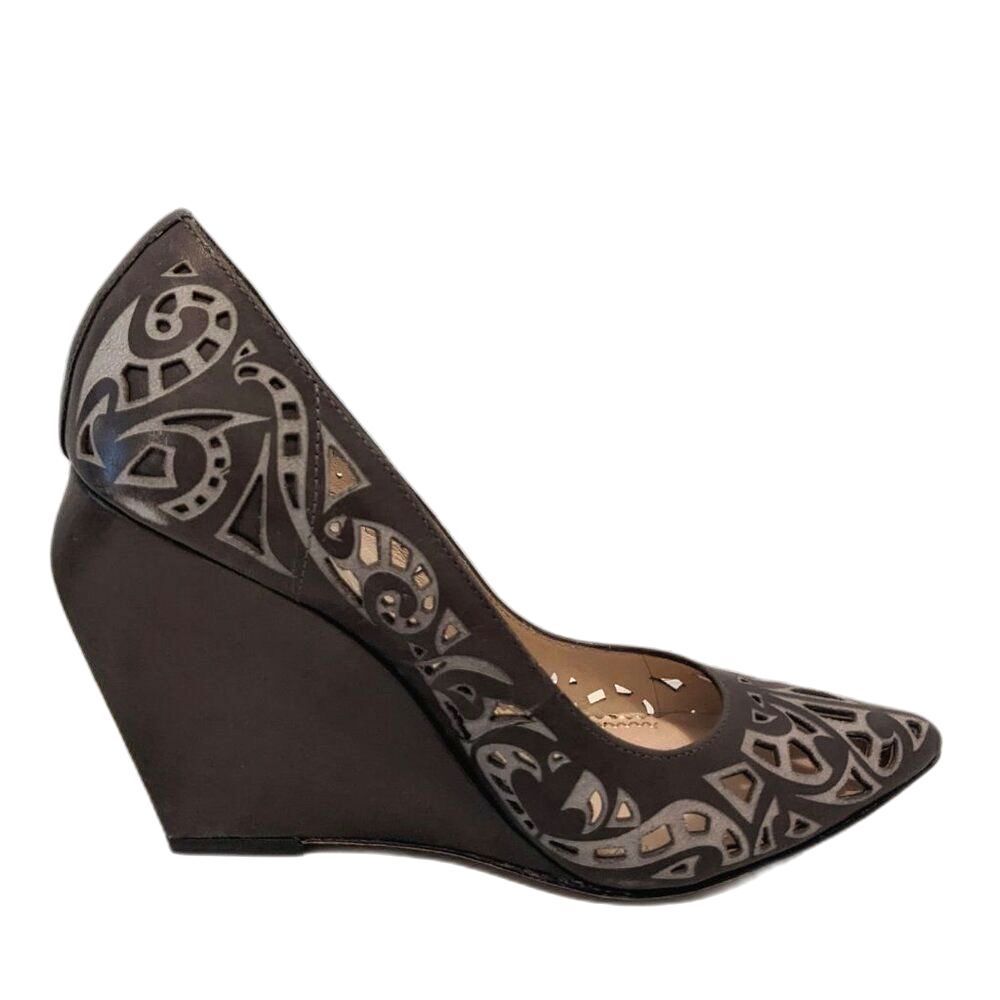 Jean-Michel Cazabat "Penelope" Taupe Leather High Laser Cut Wedges Sz 6.5